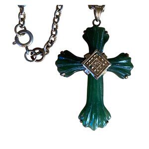 Vintage Green Cross Pendant Necklace With Silver-Tone Chain & Gold-Tone Accents